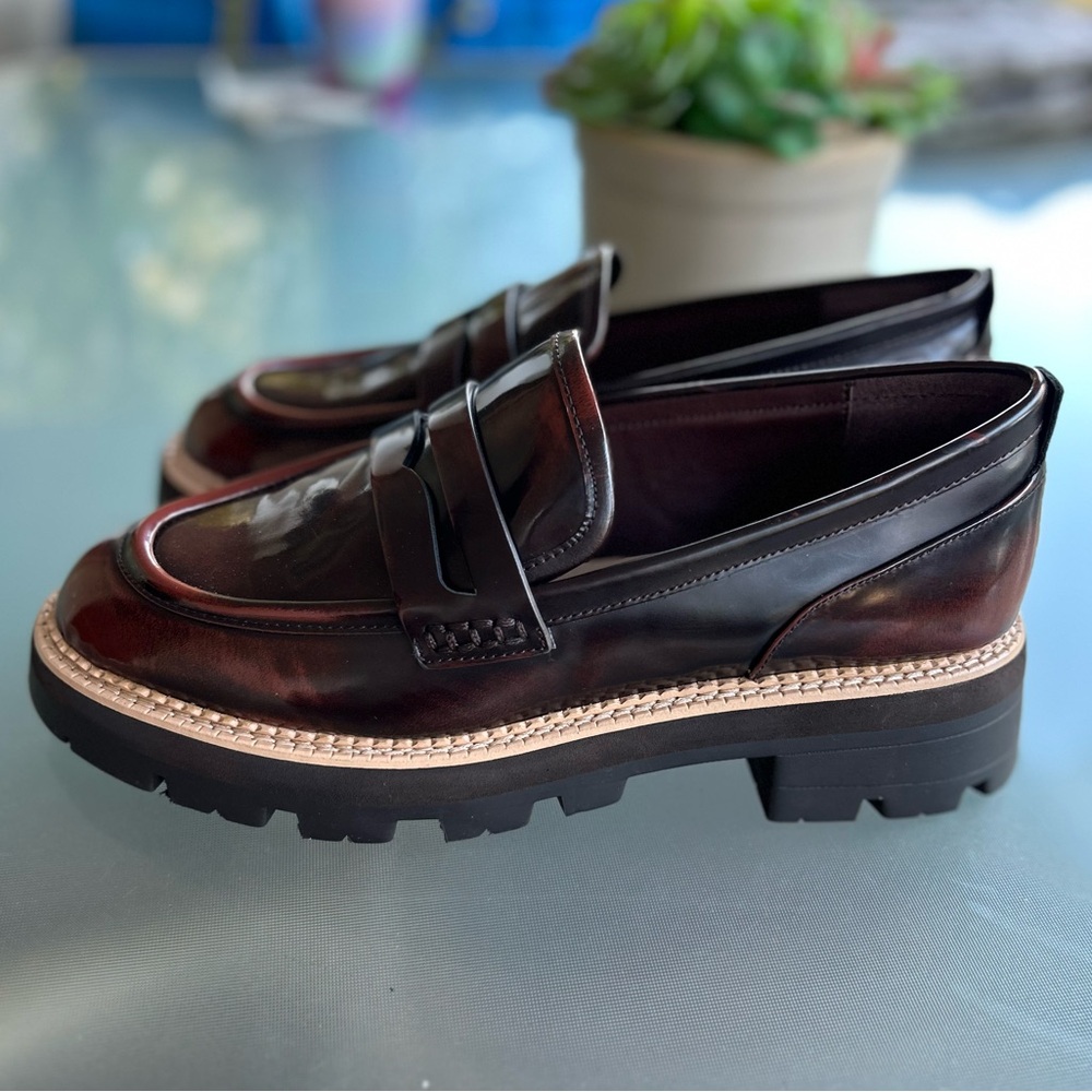 Gianni Bini Burgundy & Black Leather Lug Sole Penny Loafers